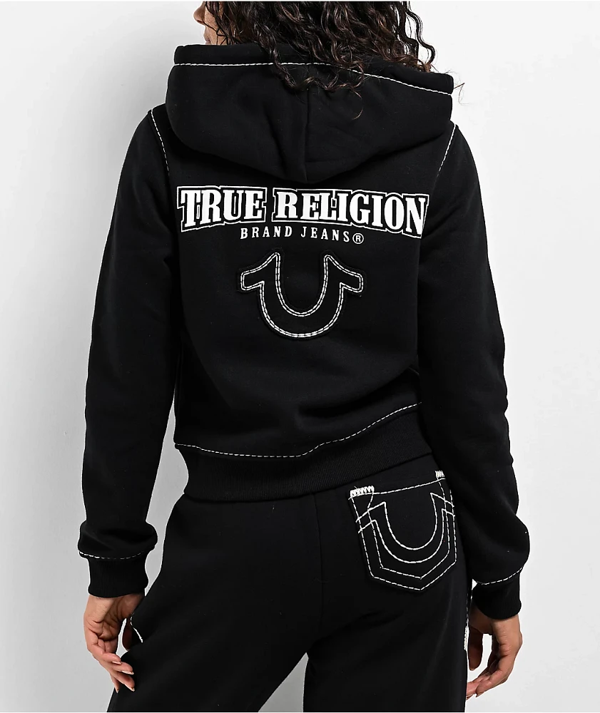 True Religion Super T Fleece Black Crop Zip Hoodie | Liberty Center