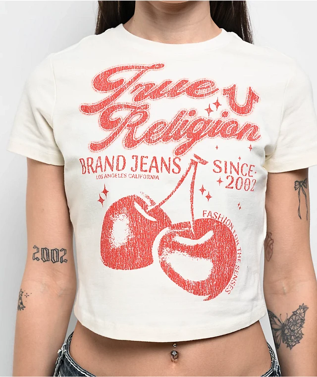 True Religion Vintage Cherry Logo Winter White Crop T-Shirt at