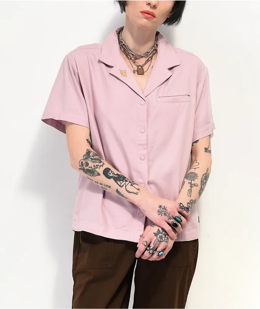 Pink button up shirt short sleeve hot sale