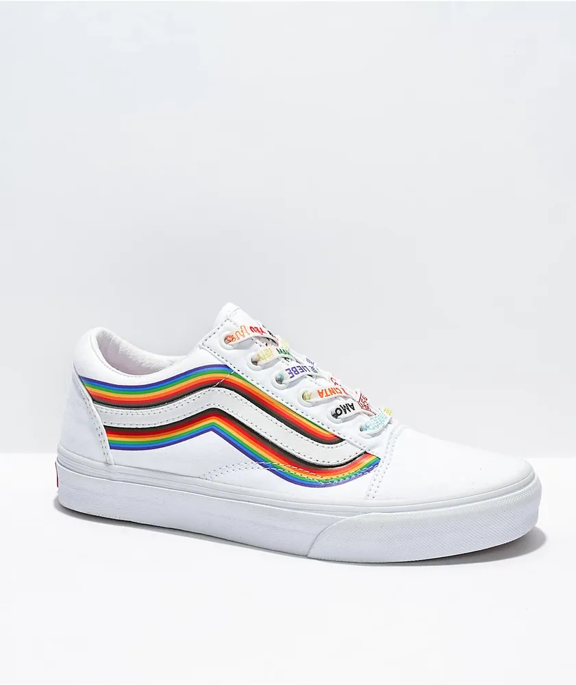 White vans shop with rainbow soles