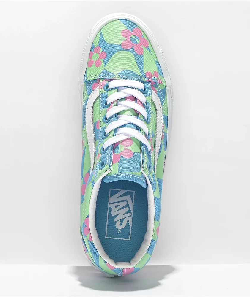 Vans Old Skool Stacked Checkered Floral Blue Platform Shoes Mall
