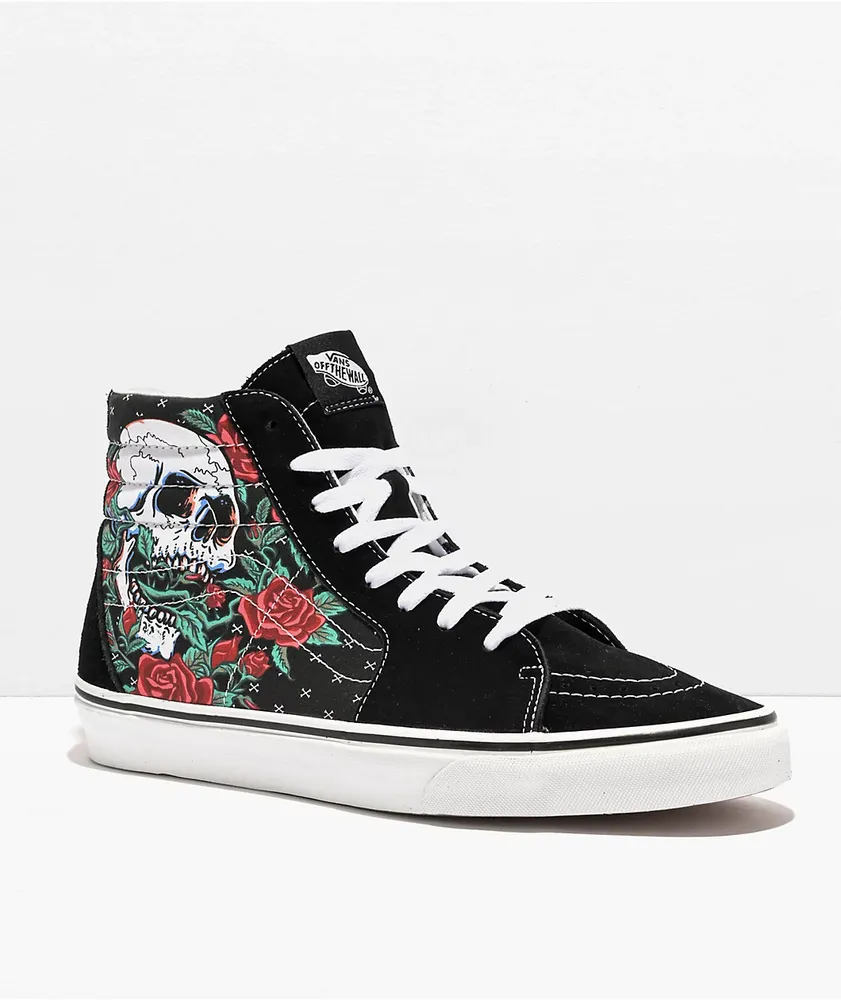 Vans Sk8-Hi Rose Skulls Black Skate Shoes | CoolSprings Galleria