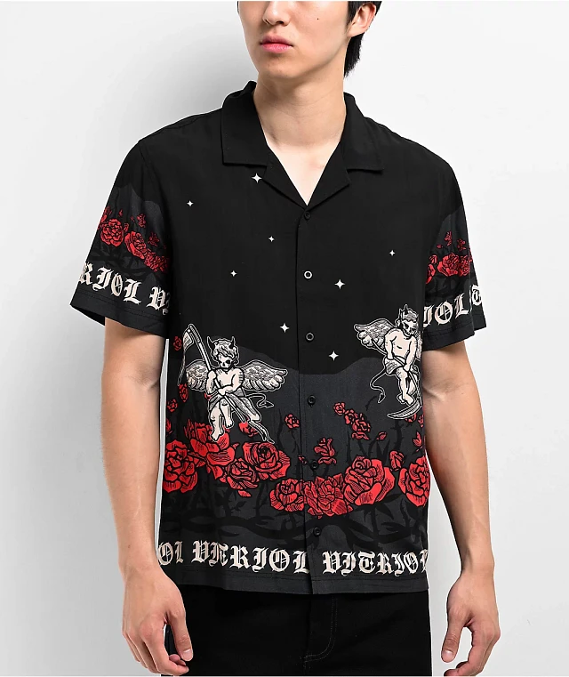 Ed Hardy Love Kills Slowly Woven 半袖 ボタンアップシャツ Ed Hardy Love Kills Slowly Woven Black Short Sleeve Button
