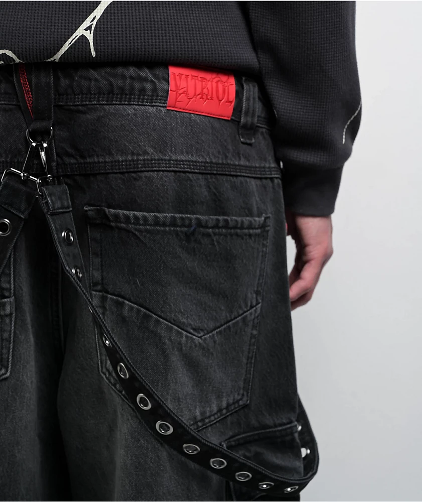 Vitriol Void Ultra Wide Strap Cargo Black Denim Jeans at