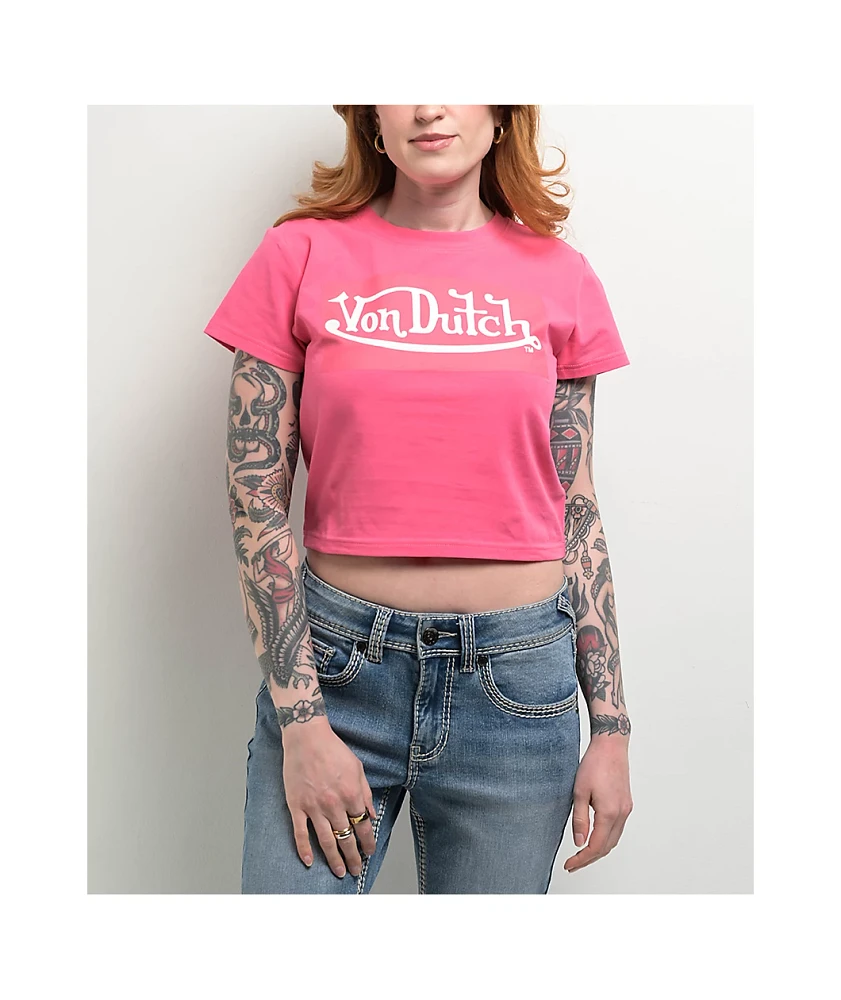 Von Dutch Logo Hot Pink Crop T-Shirt | Arden Fair