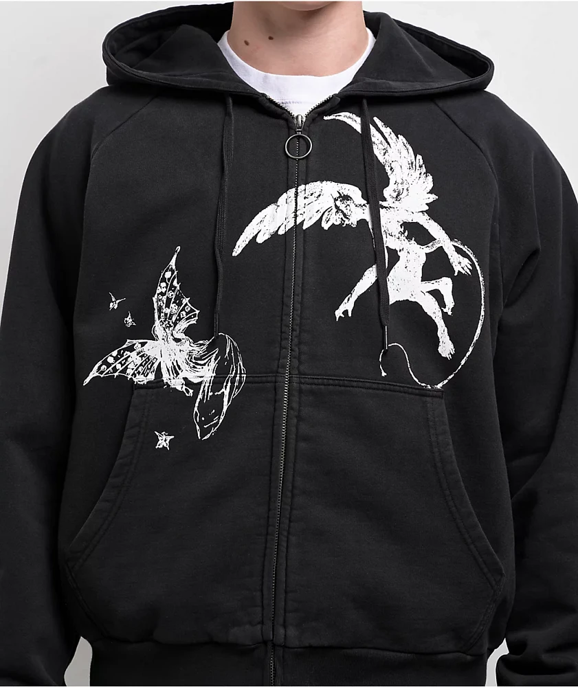 Welcome Duality Black Wash Crop Zip Hoodie at Hamilton Place in