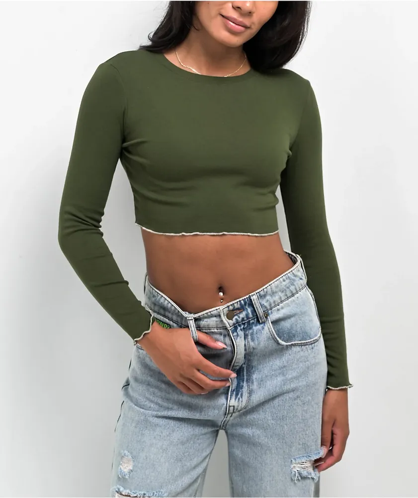 V-Neck Long Sleeve Crop T-Shirt