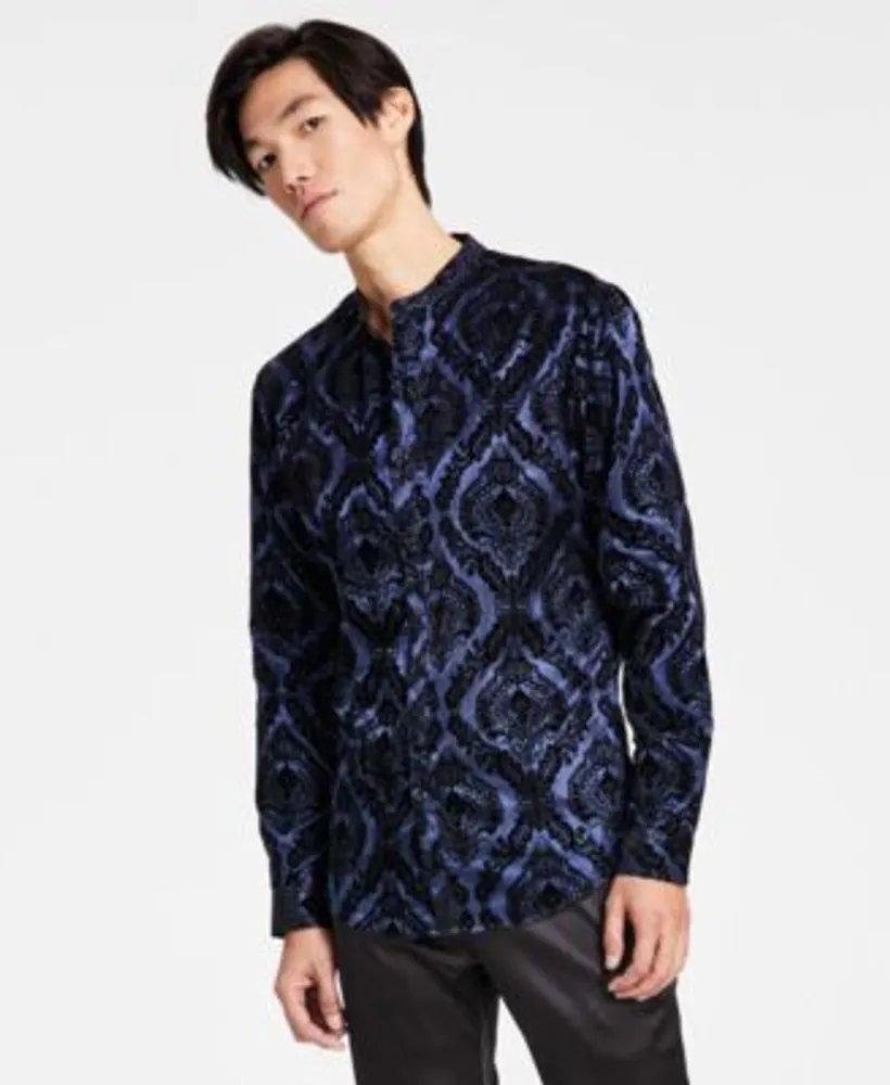 INC International Concepts Men's Flocked Baroque BandCollar Shirt