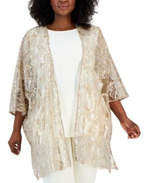 Anne Klein Plus Size Sheer Sequin-Detail 3/4-Sleeve Cardigan