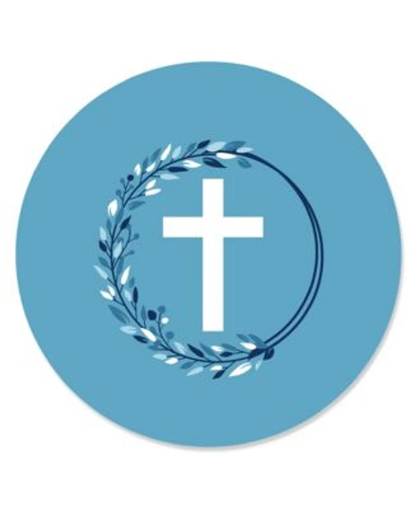Big Dot of Happiness Blue Elegant Cross Boy Religious Party Circle Sticker Labels 24 Count
