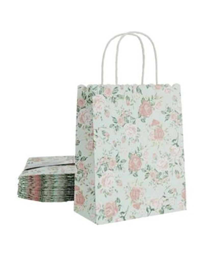 Sparkle and Bash 24 Pack Floral Gift Bags with Handles, Medium Size, All Occasion Pink Rose