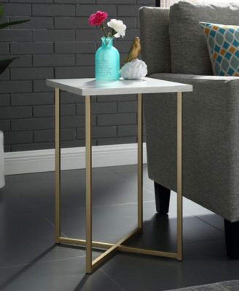 Walker Edison 16 inch Square Side Table with Faux Marble Top and Gold ...