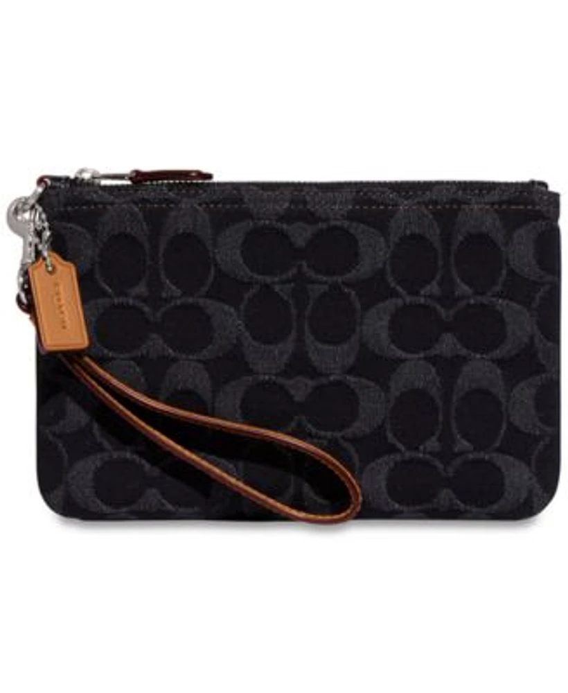 COACH Washed Denim and Leather Signature Small Wristlet Hawthorn