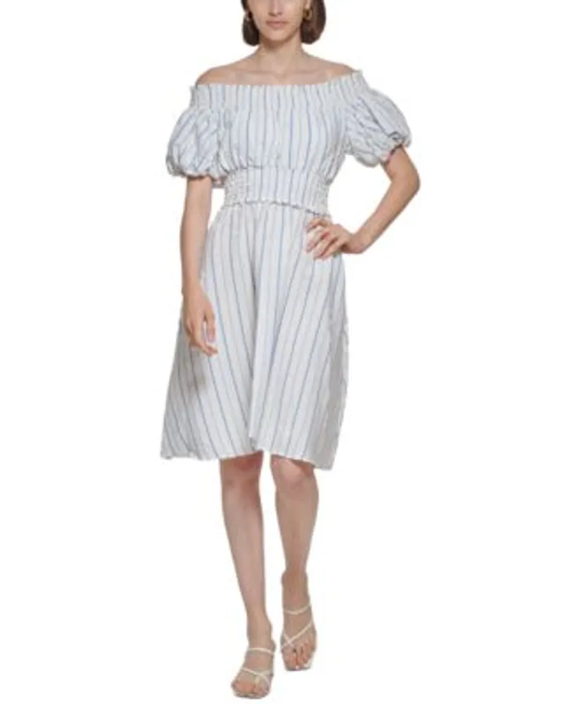 Calvin Klein Petite Puff-Sleeve Striped Fit & Flare Dress