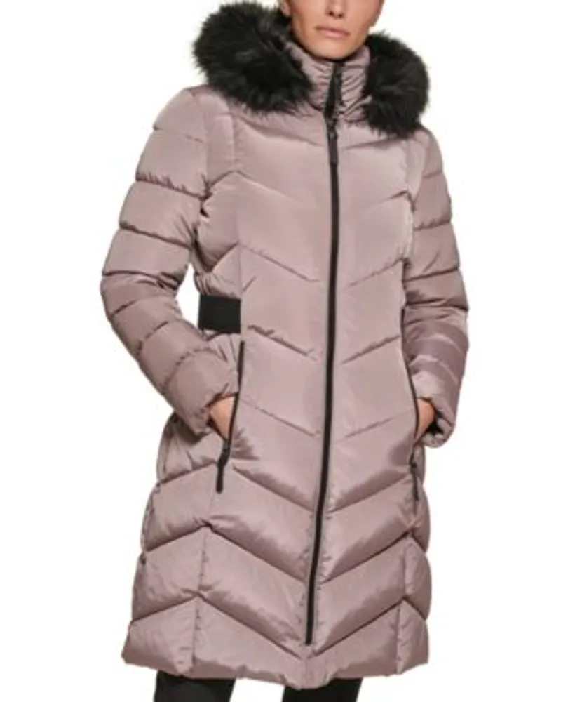 Calvin Klein Petite Belted Faux Fur Trim Hooded Puffer Coat