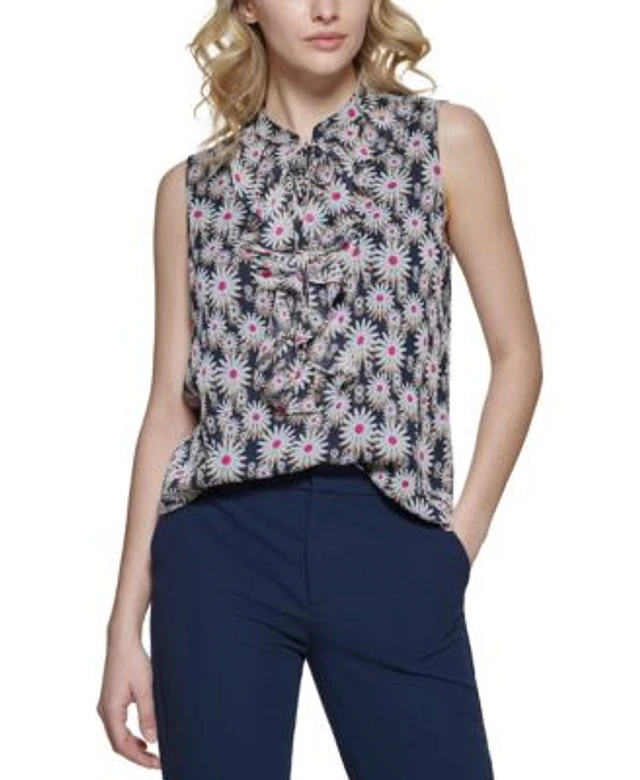 CeCe Women's Ruffled Floral-Print Short Sleeve Blouse | The Shops 