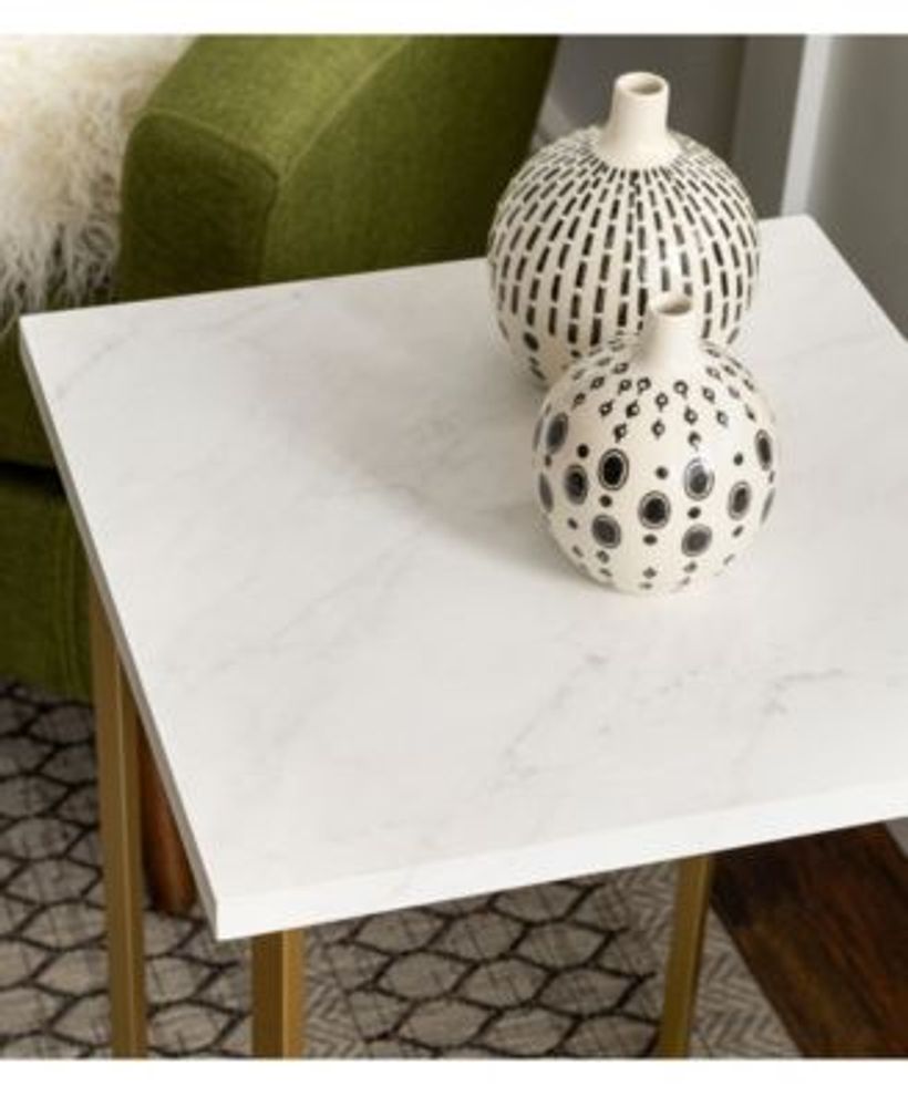 Walker Edison 16 inch Square Side Table with Faux Marble Top and Gold ...