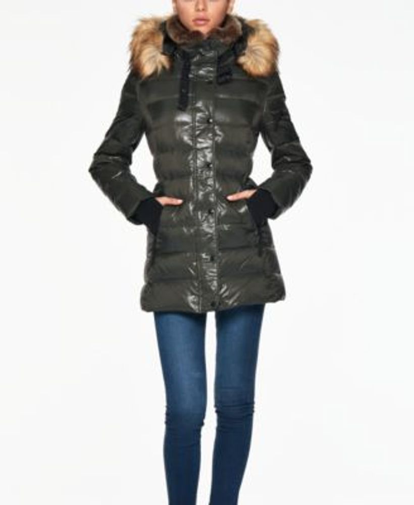 High shine hooded padded coat with faux fur trim deals