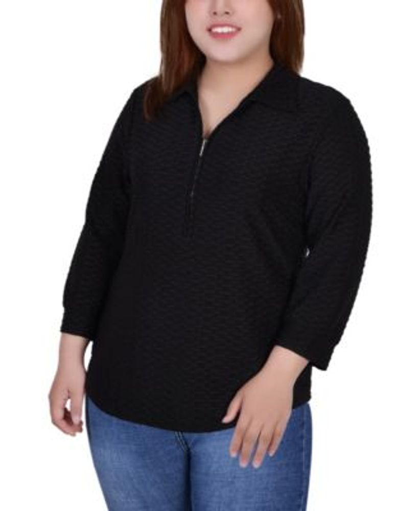 NY Collection Plus 3/4 Sleeve Half Zip Collared Top Mall of