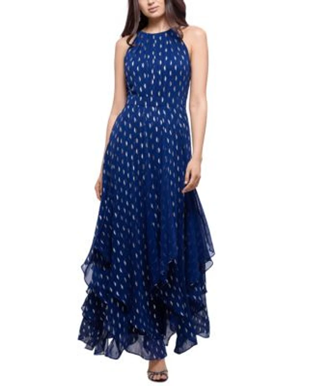Betsy & adam hot sale chiffon ruffle maxi gown