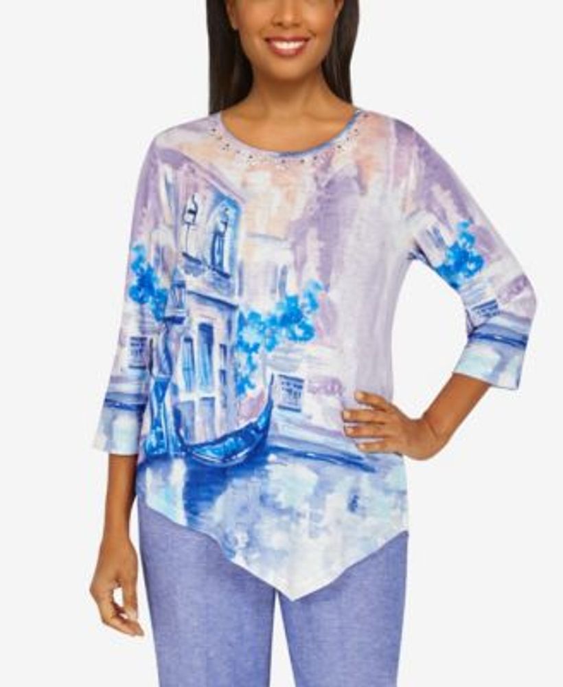 Alfred Dunner Women's Scenic Top - 3/4 Sleeve Knit Blouse With Asymmetrical Hem & Jewel Neckline - View #5