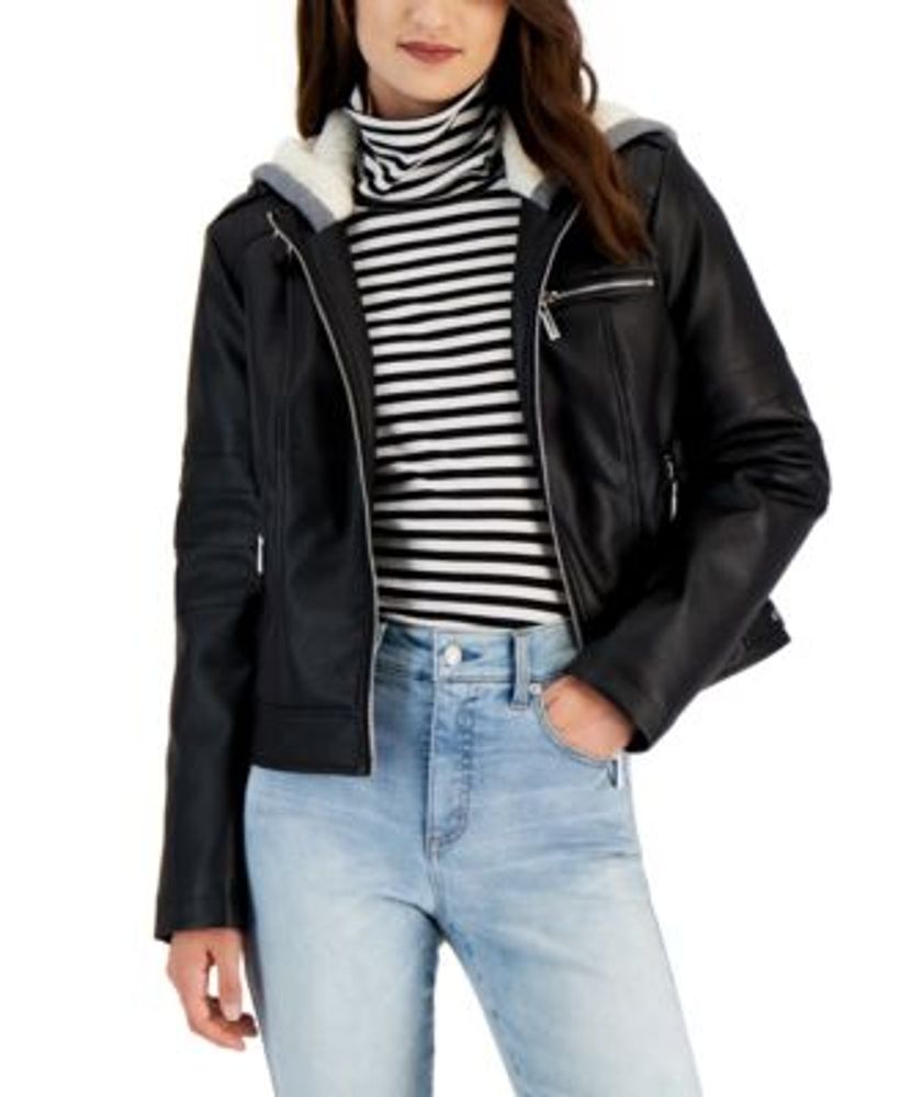 Jou jou faux hot sale leather hooded moto jacket