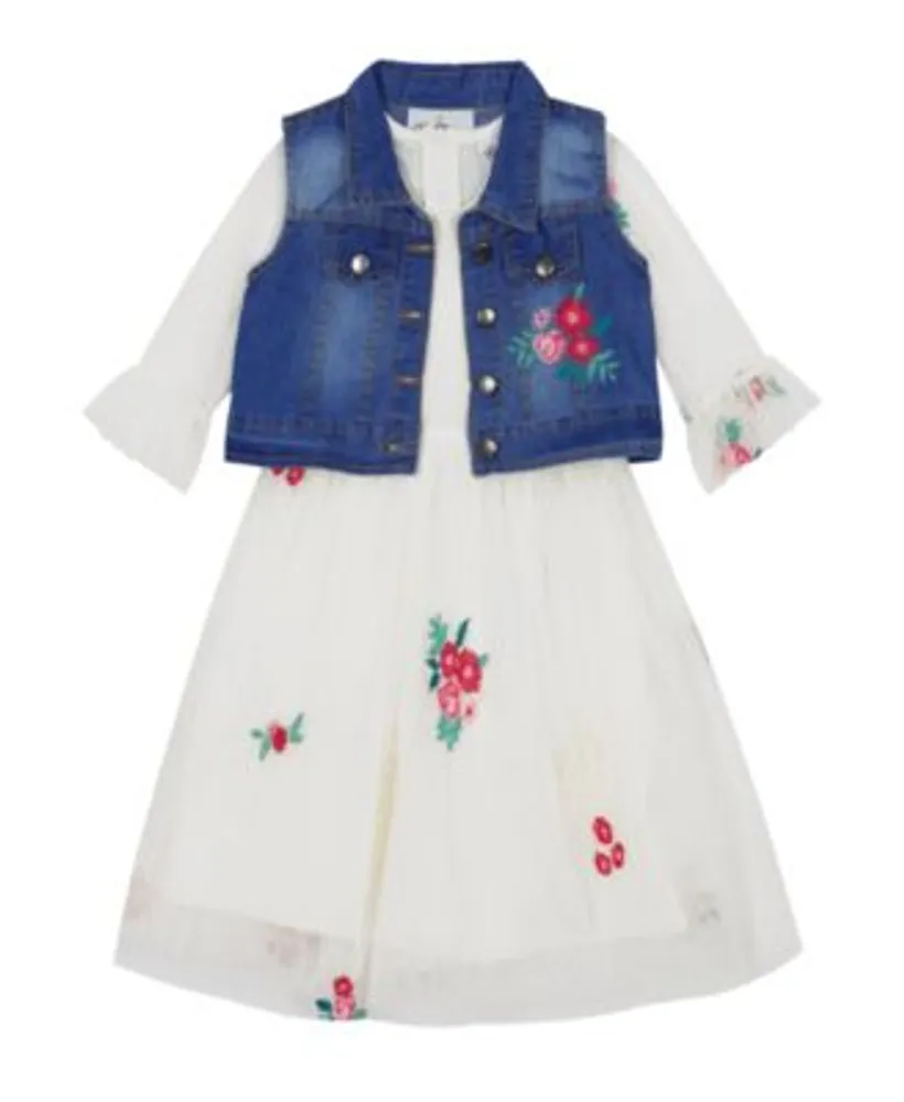 Rare Editions Big Girls Denim Vest To Embroidered Mesh Dress Set