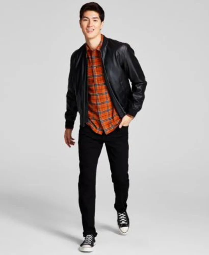 Leather jacket store with plaid shirt