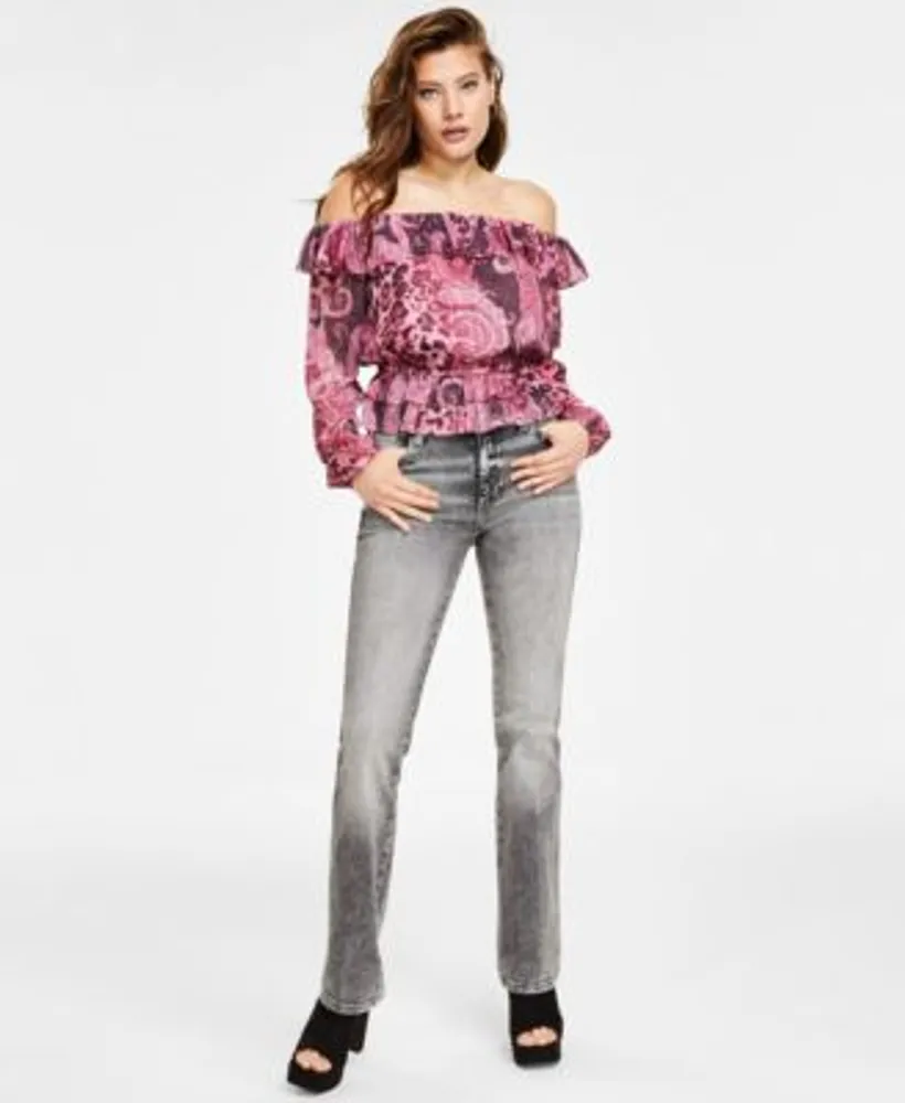 Guess Womens Off The Shoulder Ruffle Lucy Top Mid Rise Sexy