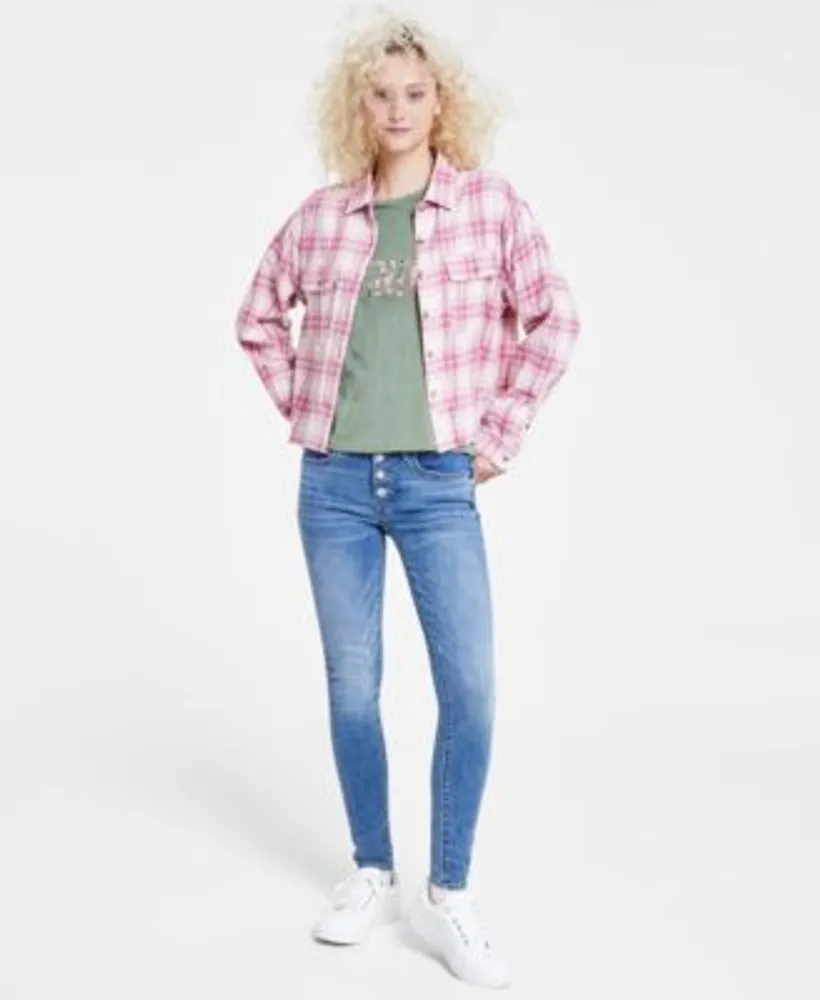 Lucky Brand Plaid Fringed Hem Cropped Shirt Floral Graphic