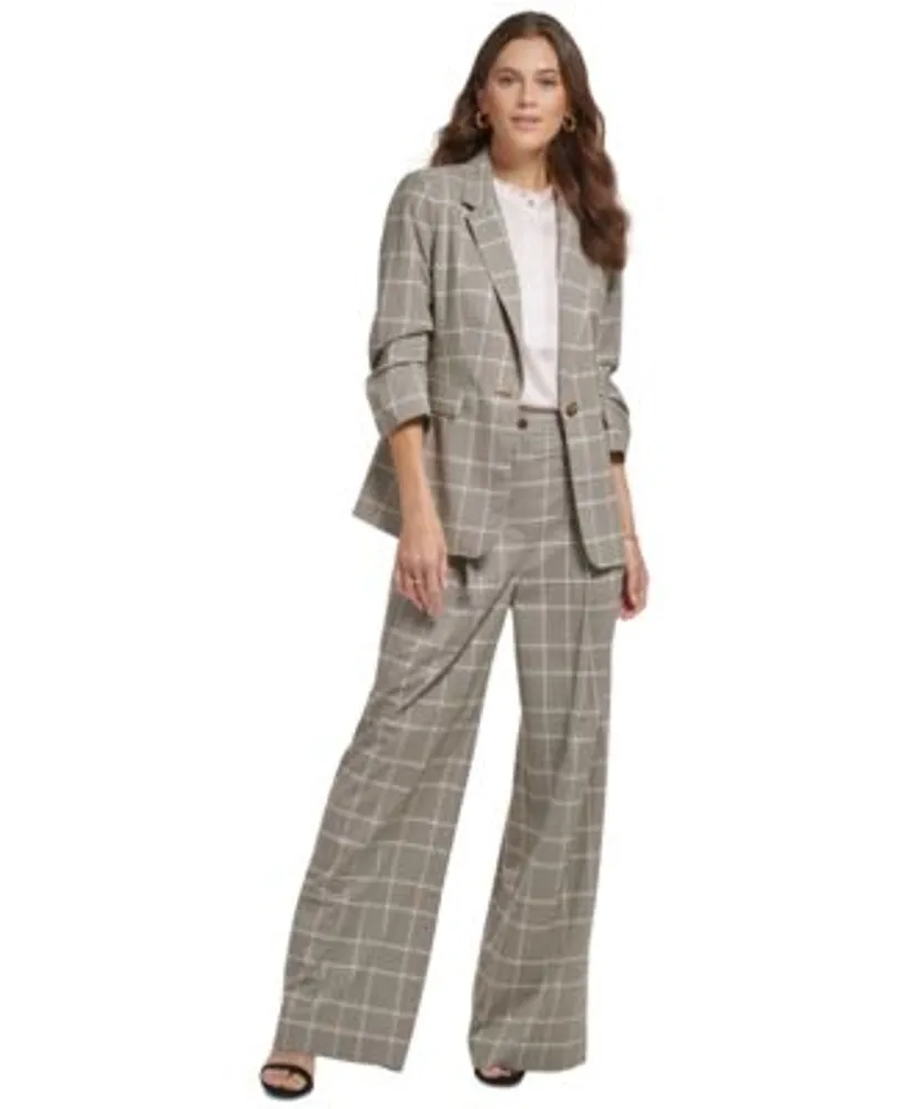 Dkny Petite Plaid Notch Collar Ruched Sleeve Jacket Wide Leg Essex