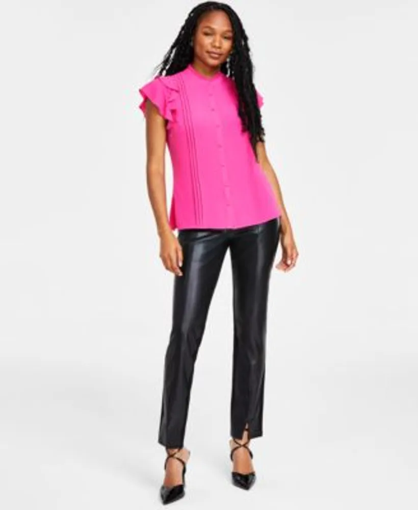 Cece Womens Pin Tuck Ruffled Blouse Faux Leather Slit Hem Leggings