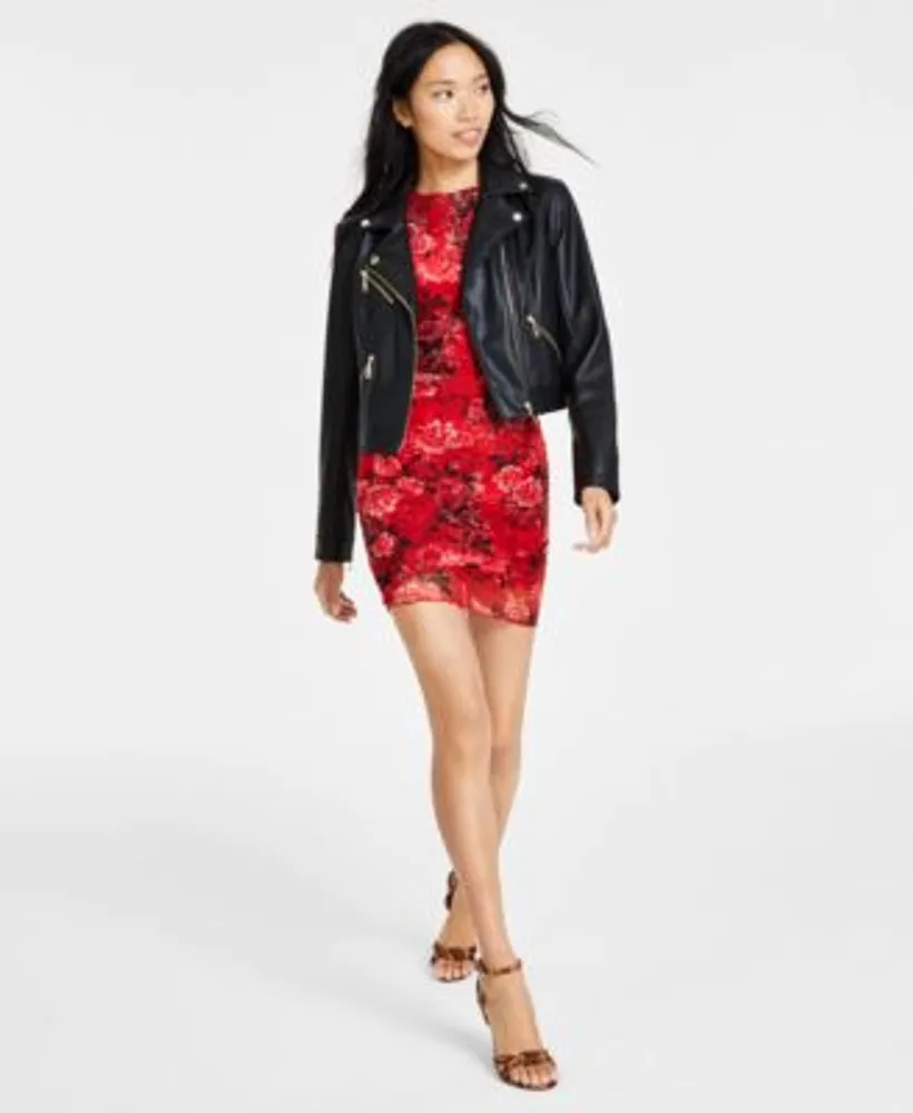 Guess Womens Venom Cropped Moto Long Sleeve Zipper Jacket Floral