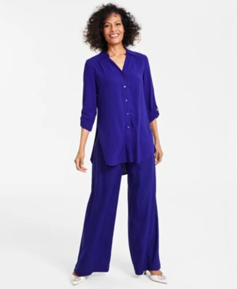 I.N.C. International Concepts Womens Roll Tab Long Blouse Wide Leg