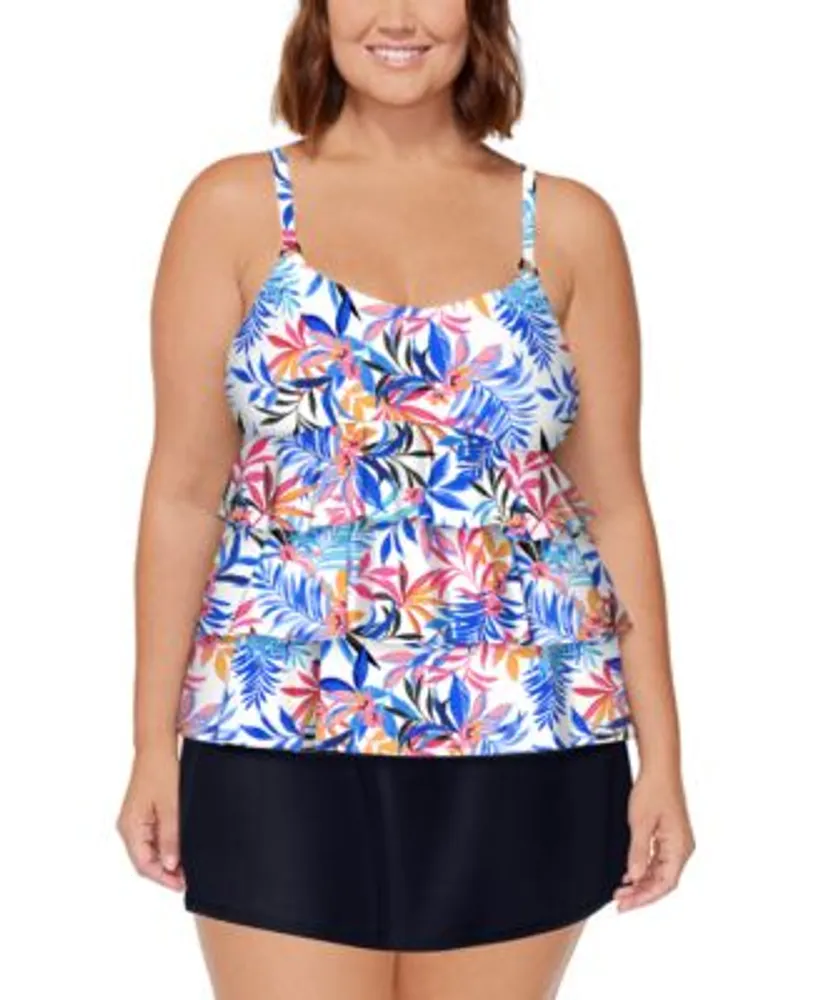 Island Escape Plus Size Printed Tiered Bandini Tummy Control Swim