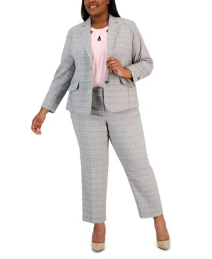 Kasper Plus Size Plaid Blazer Twist Neck Top Straight Leg Ankle