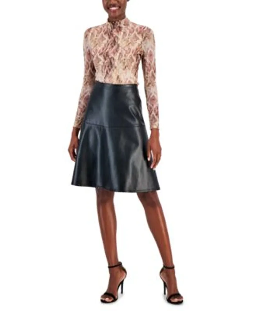 Anne Klein Womens Printed Mesh Mock Neck Top Faux Leather Skirt