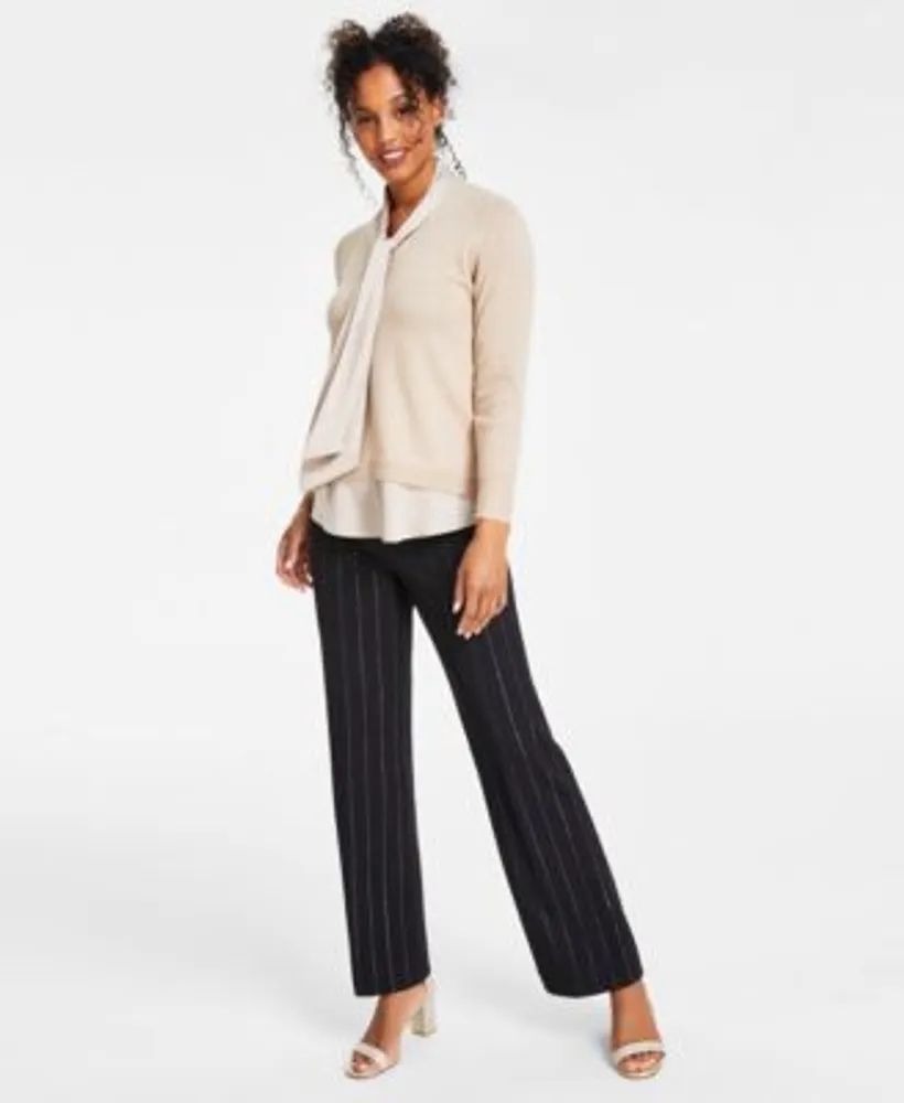 Anne Klein Womens Tie Neck Long Sleeve Two Fer Sweater Compression