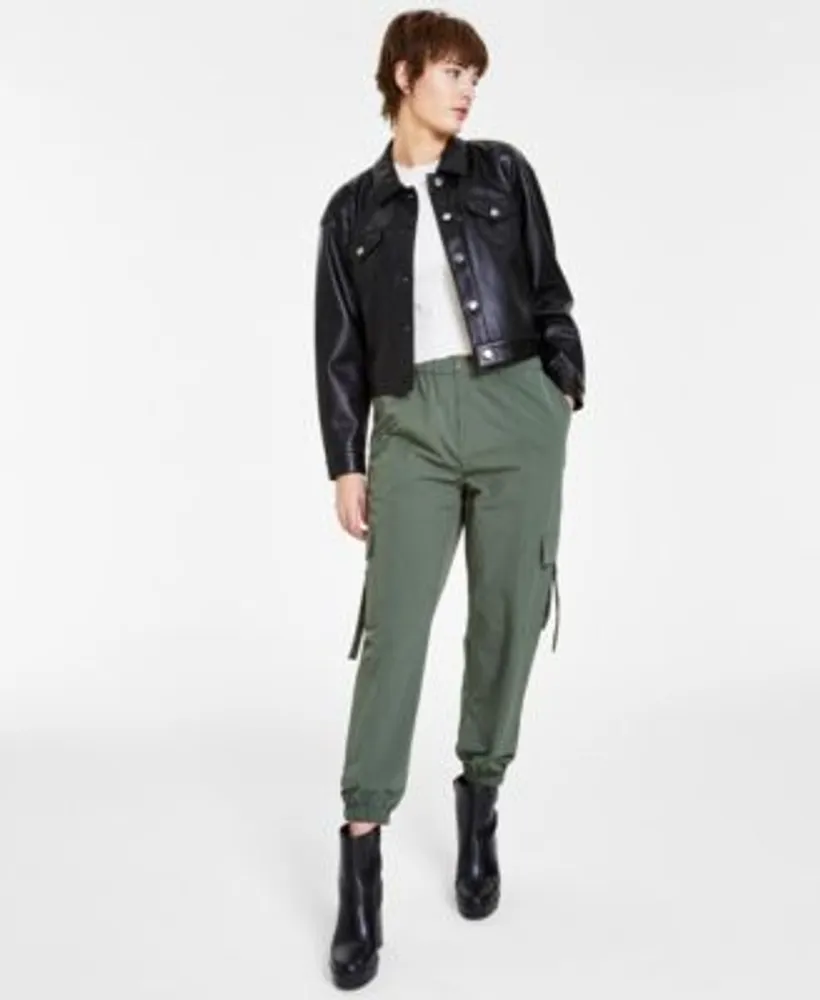 Bar Iii Womens Faux Leather Cropped Jacket Textured Sleeveless Top
