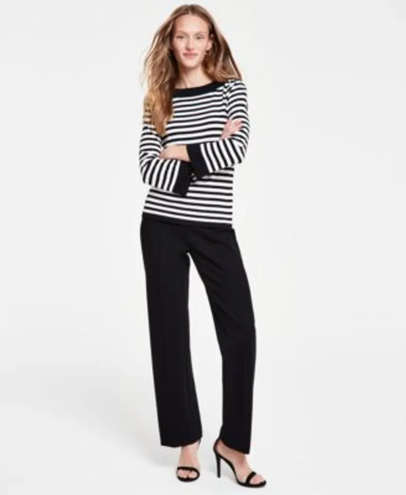 Anne Klein Womens Striped Boat Neck Sweater Pull On Button Detail