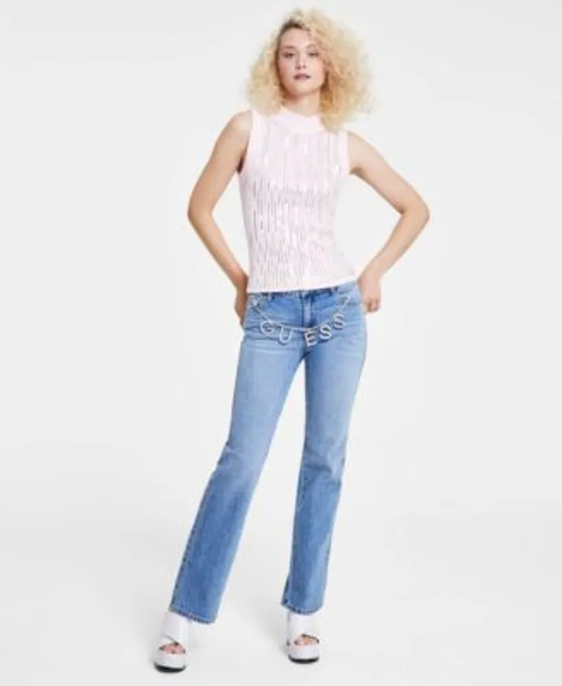 Guess Womens Vivian Sequined Mock Neck Sleeveless Sweater