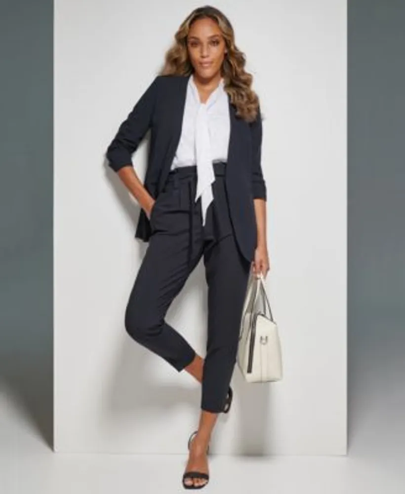 Calvin Klein Petite Scrunch Sleeve Jacket Tie Neck Blouse Mid Rise