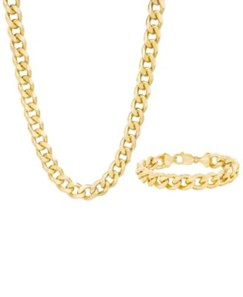 Italian Gold Mens Beveled Curb Link Necklace Bracelet Collection