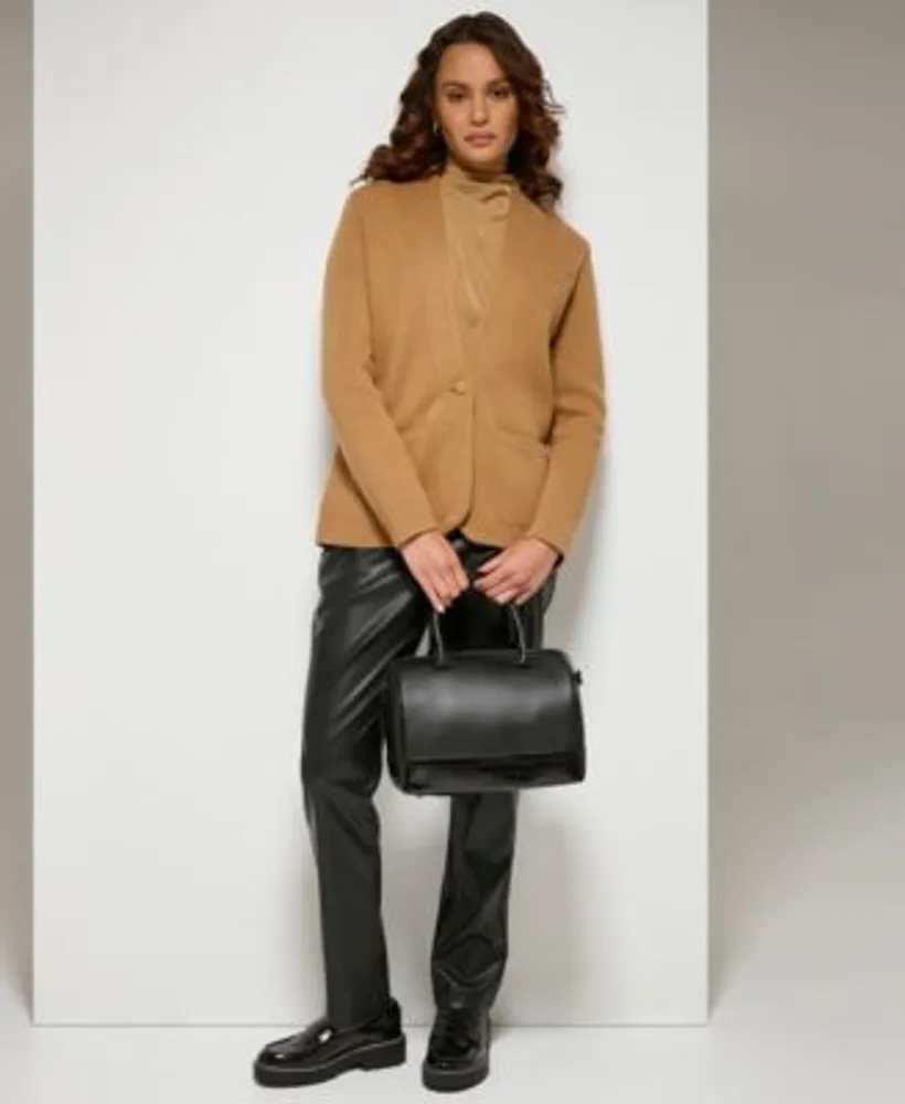 Calvin Klein Womens One Button Sweater Knit Blazer Faux Leather