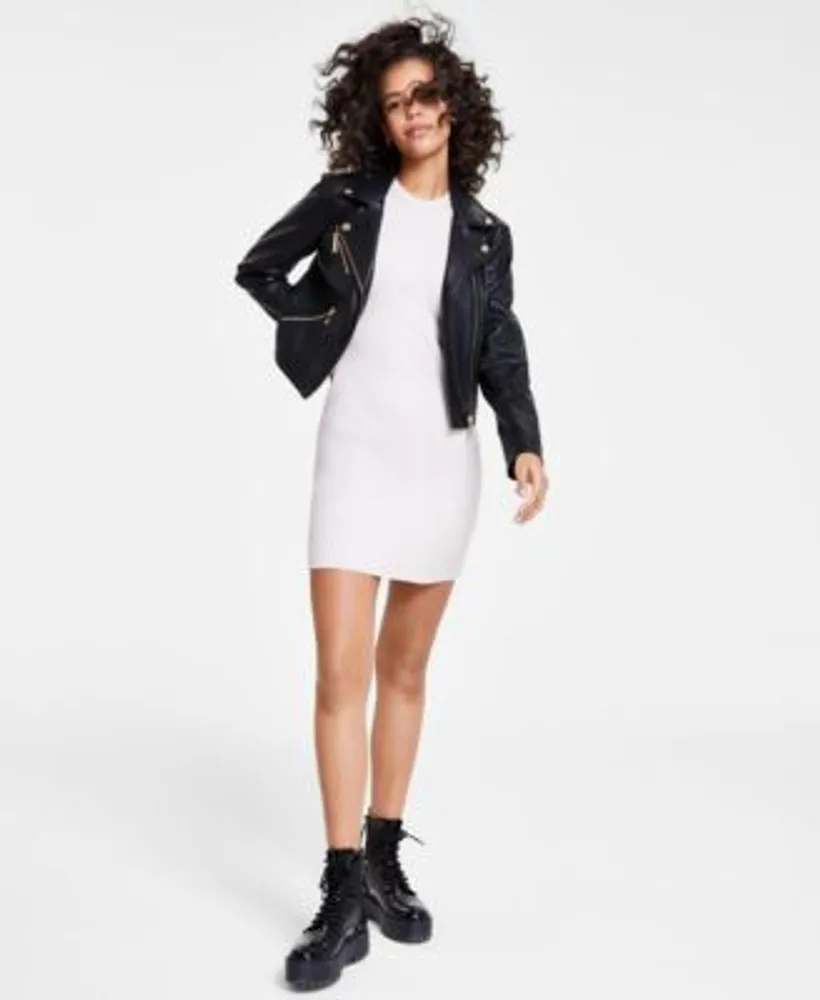 Guess Womens Venom Cropped Faux Leather Moto Jacket Ribbed
