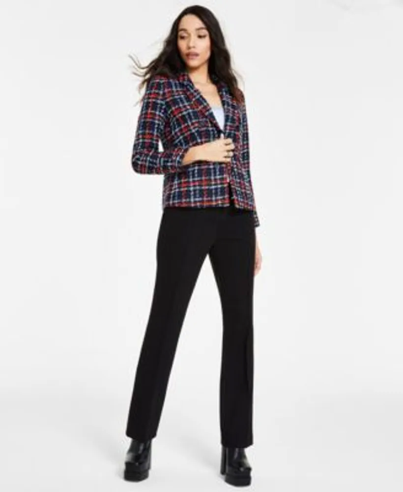 Bar Iii Womens Multi Plaid Faux Double Breasted Jacket Satin