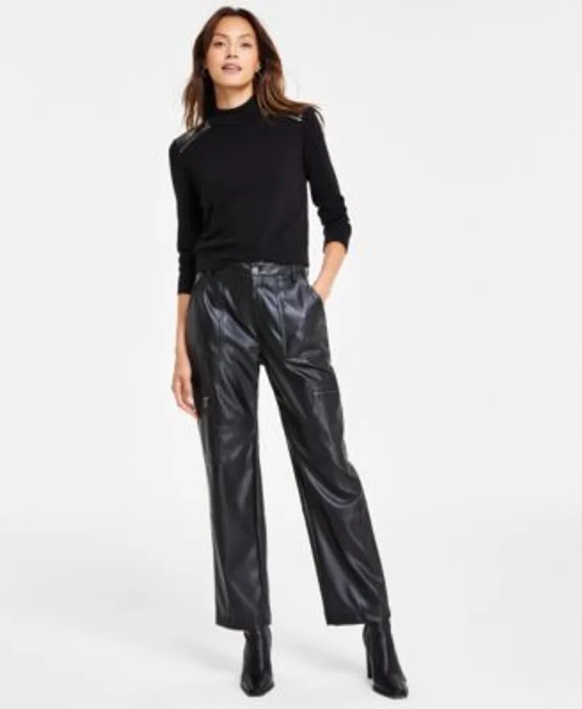 Dkny Jeans Womens Faux Leather Trimmed Zipper Sweater Faux Leather