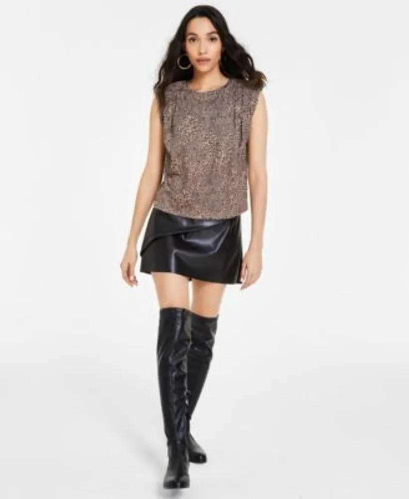 Bar Iii Womens Printed Cotton Pleated Shoulder Top Faux Leather