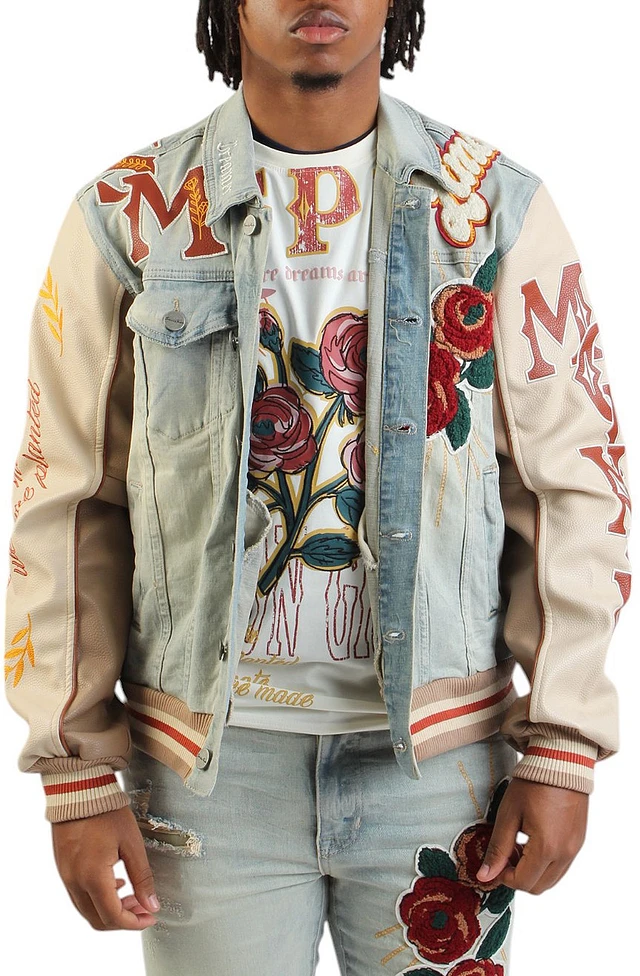 Obey Care Black & Tan Denim Varsity Jacket | MainPlace Mall