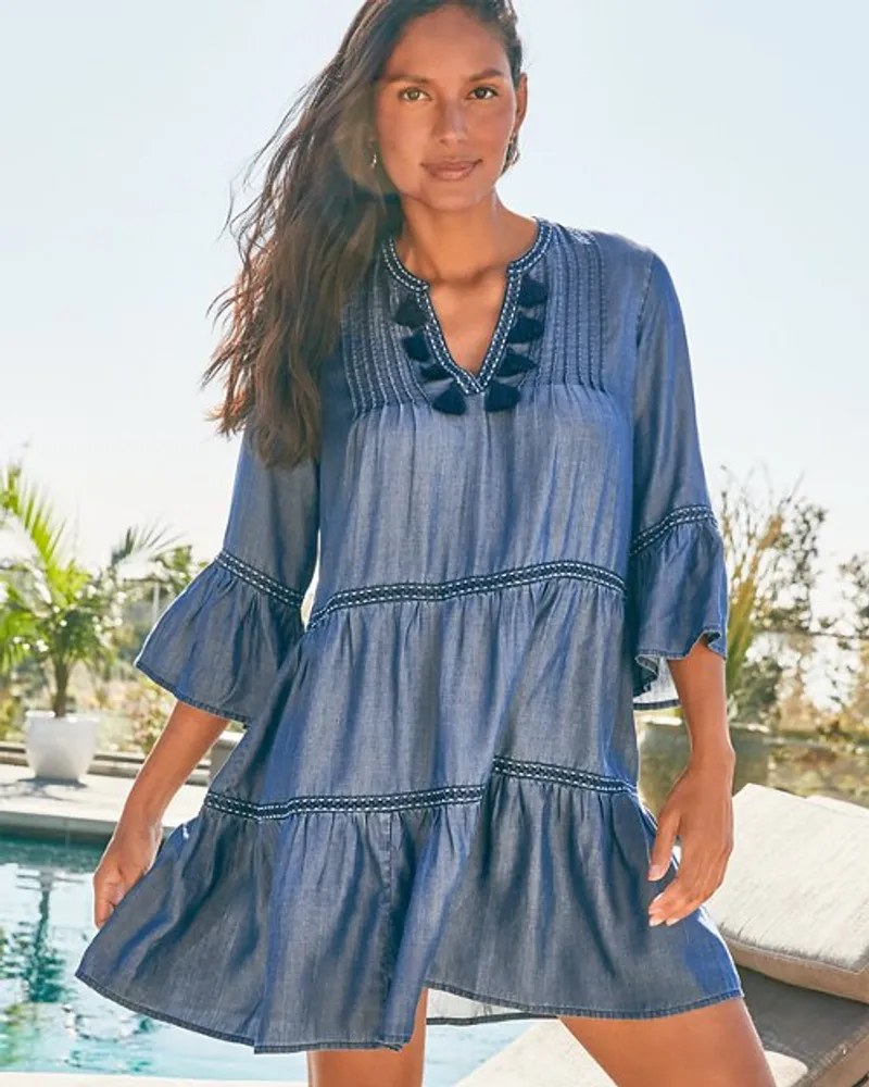 Tommy Bahama Chambray Embroidered Tier Dress | Pacific City